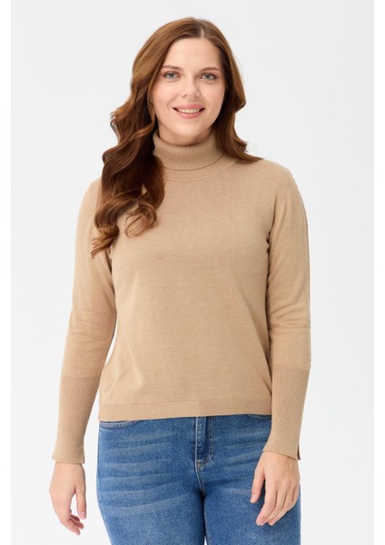 Büyük Beden Tam Balıkçı Basic Triko Kazak-CAMEL fırsatları