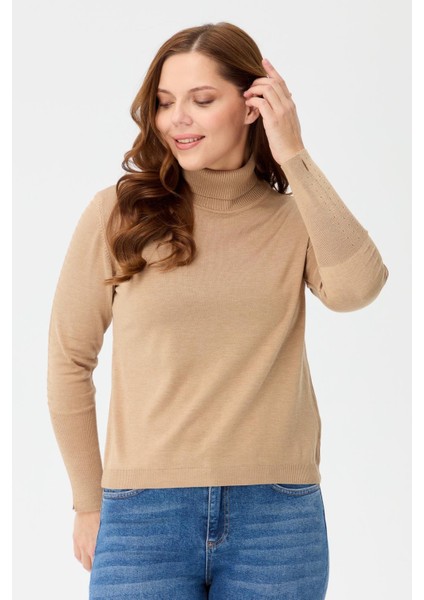 Büyük Beden Tam Balıkçı Basic Triko Kazak-CAMEL indirimleri