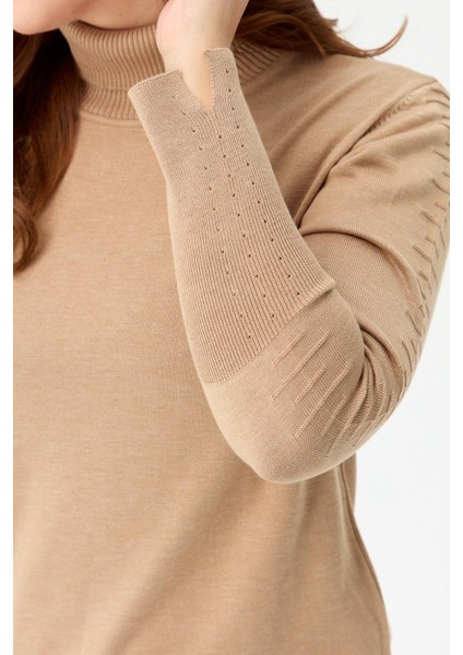 Büyük Beden Tam Balıkçı Basic Triko Kazak-CAMEL