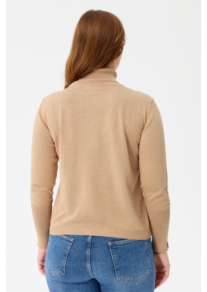 Büyük Beden Tam Balıkçı Basic Triko Kazak-CAMEL