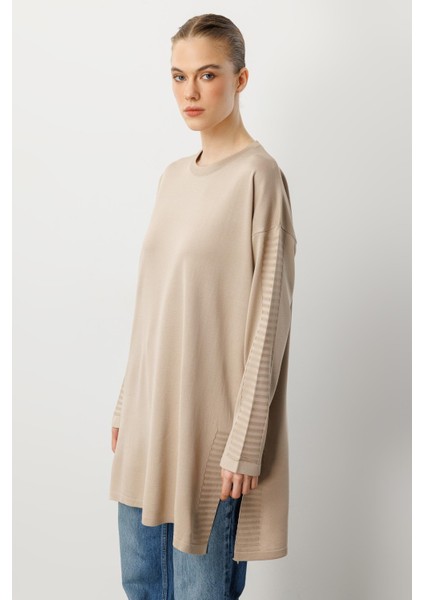 Yırtmaç Detaylı Triko Tunik-Taş