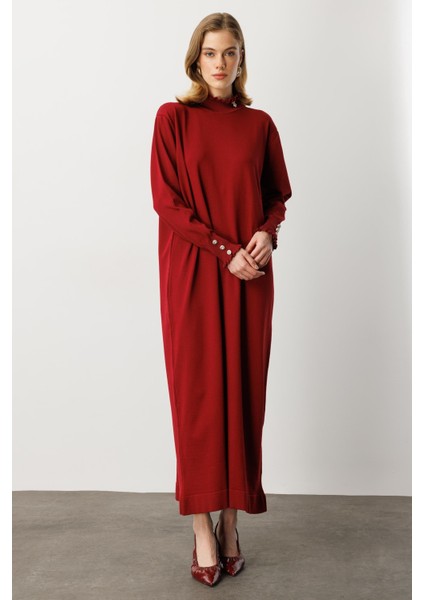 Farbela Detaylı Uzun Triko Elbise-BORDO