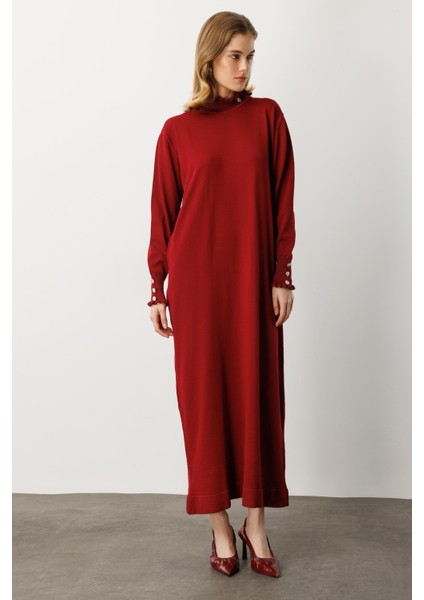 Farbela Detaylı Uzun Triko Elbise-BORDO fiyatları