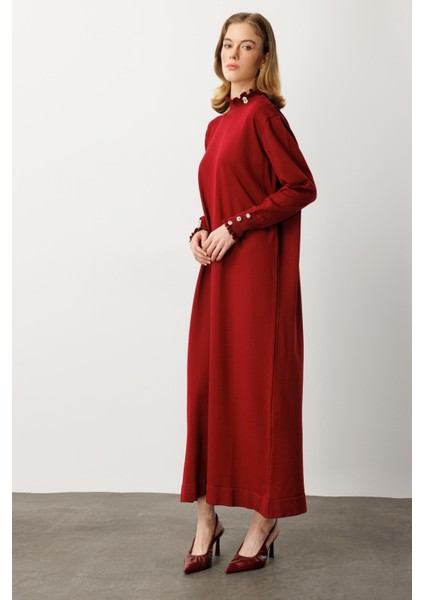 Farbela Detaylı Uzun Triko Elbise-BORDO modelleri