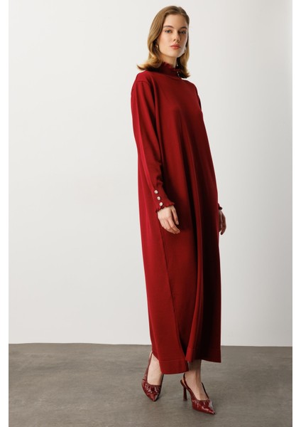 Farbela Detaylı Uzun Triko Elbise-BORDO fırsatları