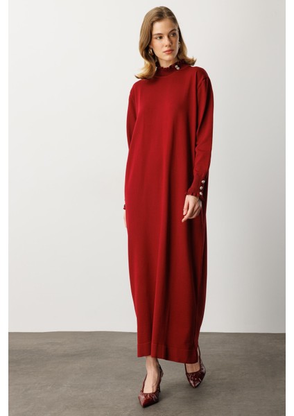 Farbela Detaylı Uzun Triko Elbise-BORDO indirimleri