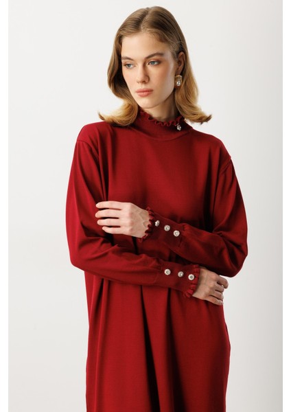 Farbela Detaylı Uzun Triko Elbise-BORDO