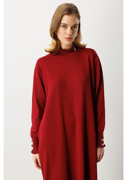 Farbela Detaylı Uzun Triko Elbise-BORDO