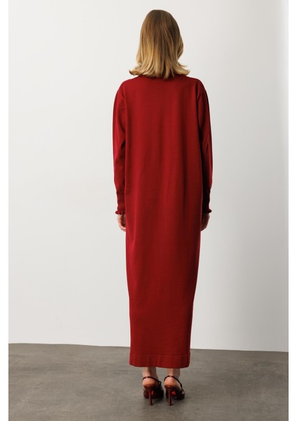 Farbela Detaylı Uzun Triko Elbise-BORDO