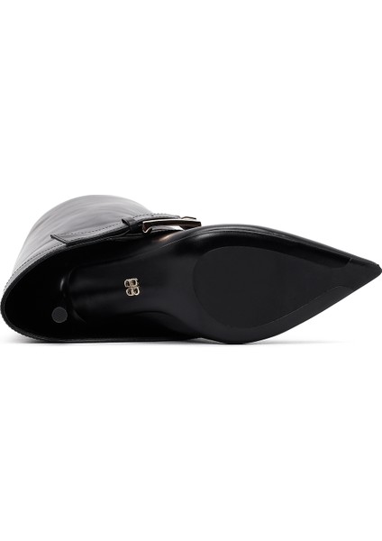 Kadın Siyah Tokalı Ince Topuklu Deri Çizme 25WFD491818