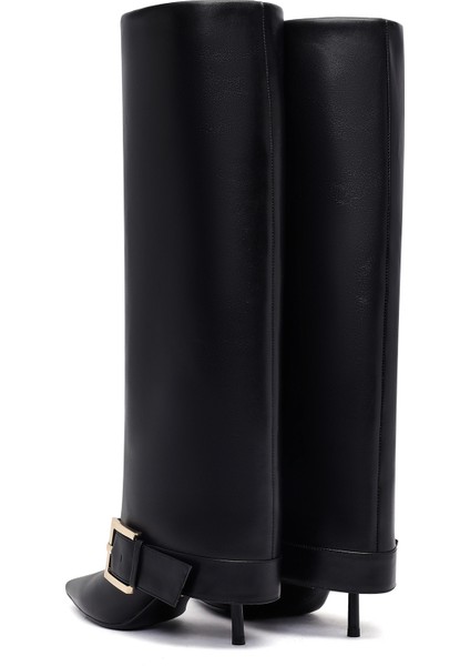 Kadın Siyah Tokalı Ince Topuklu Deri Çizme 25WFD491818