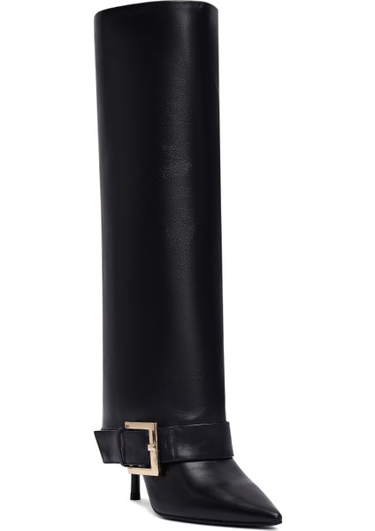 Kadın Siyah Tokalı Ince Topuklu Deri Çizme 25WFD491818