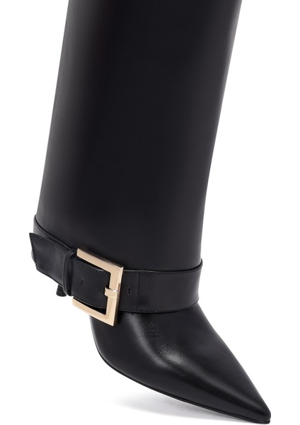 Kadın Siyah Tokalı Ince Topuklu Deri Çizme 25WFD491818
