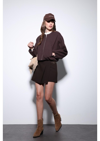 Kahve Bel Lastikli Crop Kadın Mont