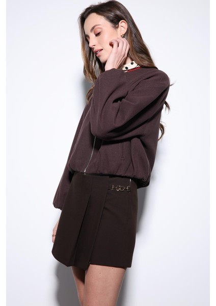 Kahve Bel Lastikli Crop Kadın Mont