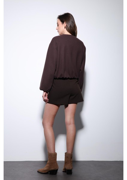 Kahve Bel Lastikli Crop Kadın Mont