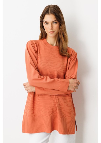 Kendinden Desenli Triko Tunik-Şeftali