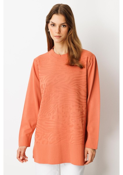 Kendinden Desenli Triko Tunik-Şeftali fiyatları