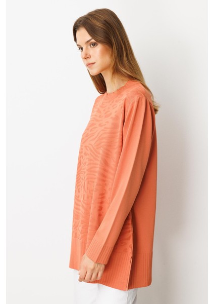 Kendinden Desenli Triko Tunik-Şeftali fırsatları