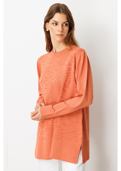 Kendinden Desenli Triko Tunik-Şeftali indirimleri