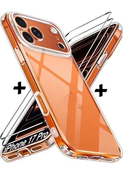iPhone 17 Pro Kılıf Kamera Çıkıntılı Korumalı Yumuşak Şeffaf Renksiz Silikon Kapak + Ekran Koruyucu Cam Set 2in1