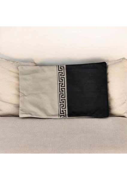 Dikdörtgen Mitolojik Yunan Anahtarı Desenli Kadife Pamuk Premium Dizayn Kırlent Kılıfı