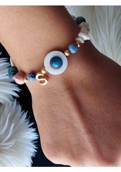 Jasper, Akik ve Sedef Doğal Taşlı Harf Chramlı Kadın Bileklik