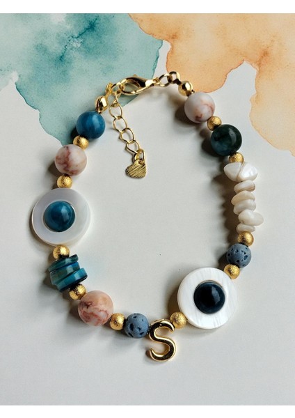 Jasper, Akik ve Sedef Doğal Taşlı Harf Chramlı Kadın Bileklik fiyatları