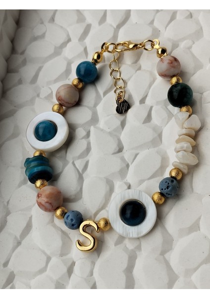 Jasper, Akik ve Sedef Doğal Taşlı Harf Chramlı Kadın Bileklik fırsatları