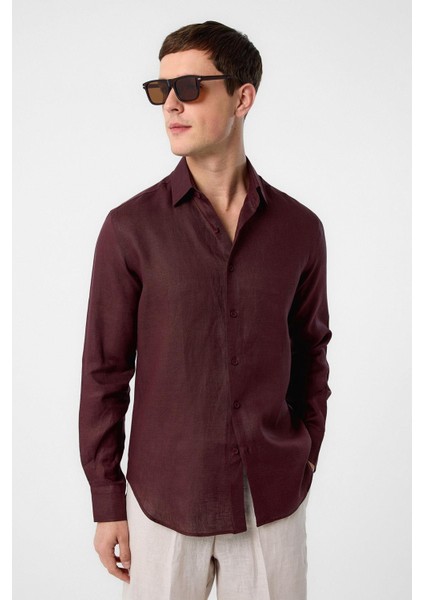 Bordo 100% Keten Comfort Fit Erkek Gömlek
