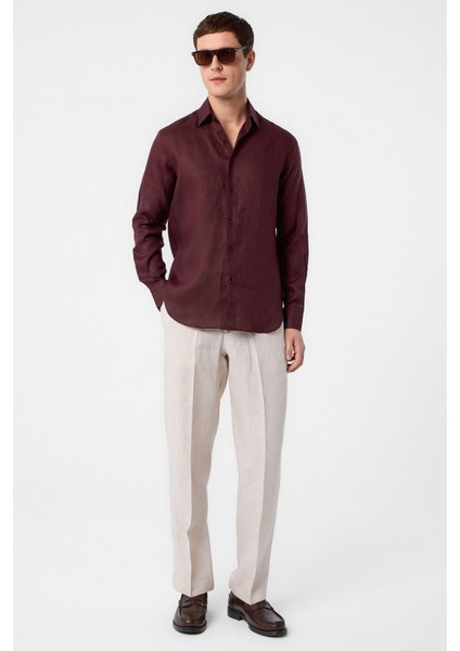 Bordo 100% Keten Comfort Fit Erkek Gömlek fiyatları