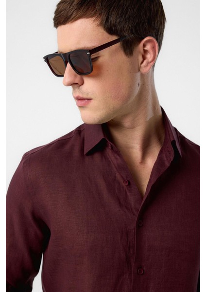 Bordo 100% Keten Comfort Fit Erkek Gömlek modelleri