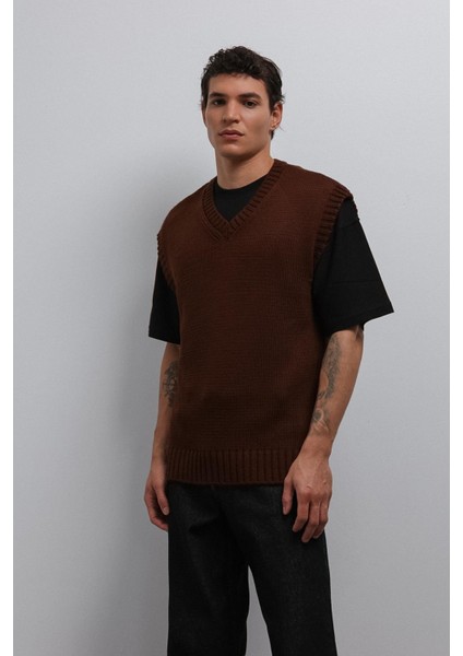 Kahve Örgü Erkek Triko Yelek
