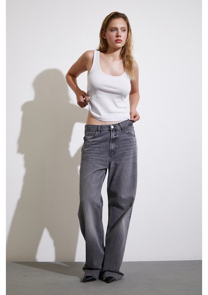 Yüksek Bel Kesik Paça Wide Leg Jean Antirasit