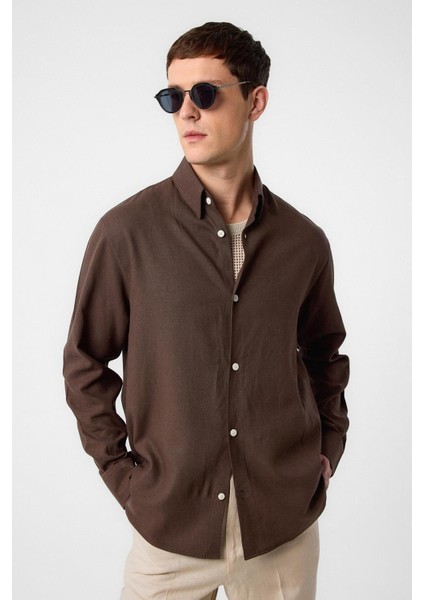 Kahve Relax Fit Keten Karışımlı Erkek Gömlek