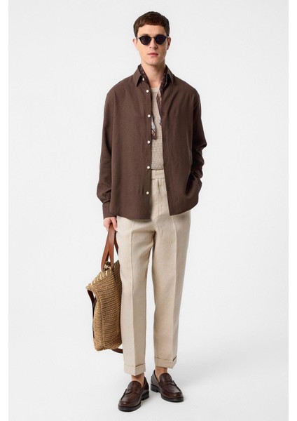 Kahve Relax Fit Keten Karışımlı Erkek Gömlek fiyatları