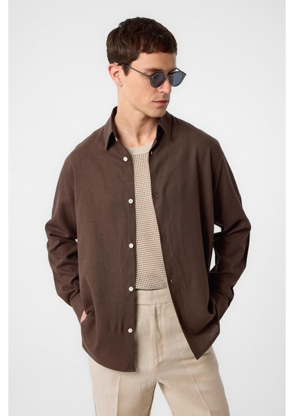 Kahve Relax Fit Keten Karışımlı Erkek Gömlek modelleri