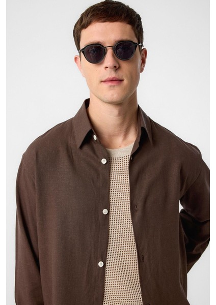 Kahve Relax Fit Keten Karışımlı Erkek Gömlek fırsatları
