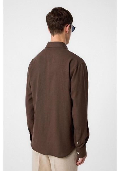 Kahve Relax Fit Keten Karışımlı Erkek Gömlek indirimleri