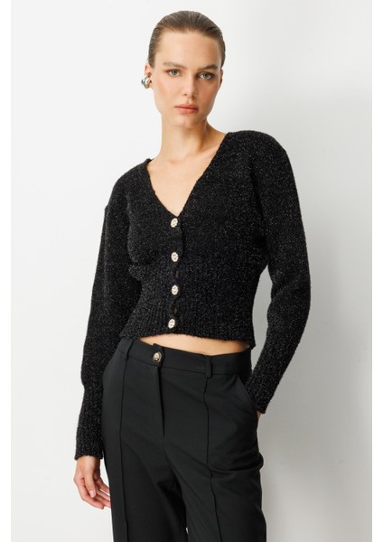 Düğme Detay Simli Kısa Triko Hırka-SİYAH
