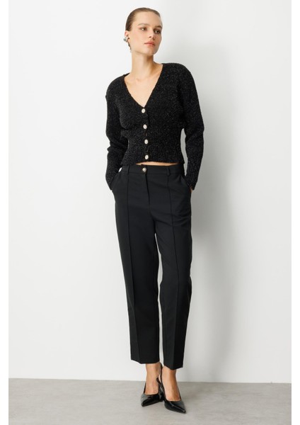 Düğme Detay Simli Kısa Triko Hırka-SİYAH fiyatları