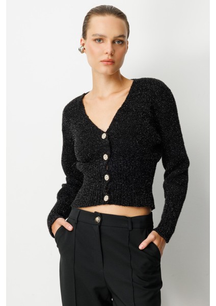 Düğme Detay Simli Kısa Triko Hırka-SİYAH modelleri