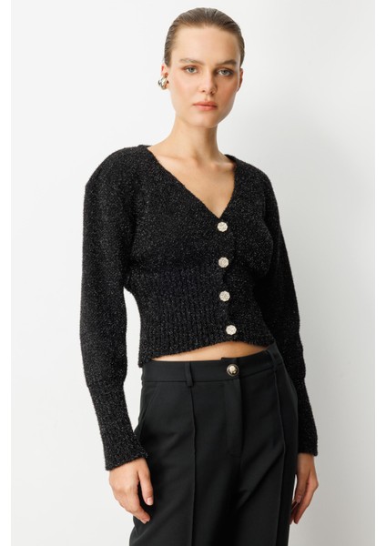 Düğme Detay Simli Kısa Triko Hırka-SİYAH fırsatları