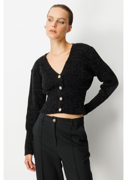 Düğme Detay Simli Kısa Triko Hırka-SİYAH indirimleri