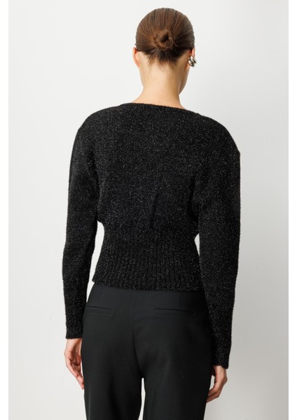 Düğme Detay Simli Kısa Triko Hırka-SİYAH