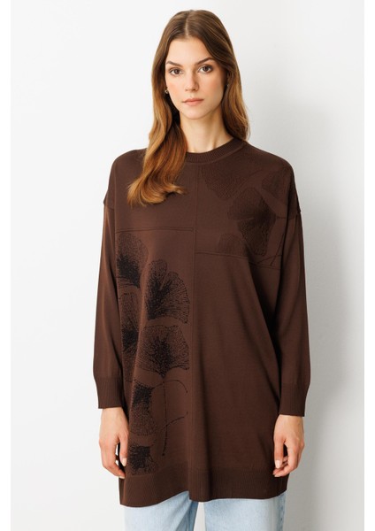 Simli Çiçek Detaylı Triko Tunik-KAHVE fiyatları