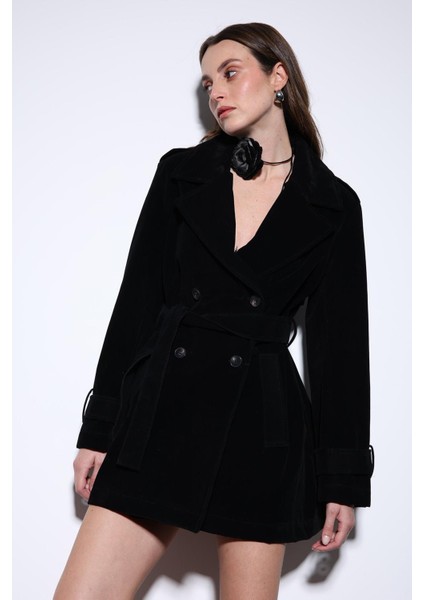 Siyah Süet Görünümlü Kadın Trençkot modelleri