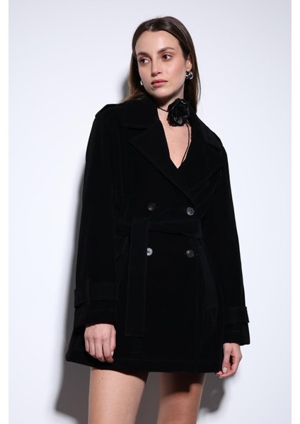 Siyah Süet Görünümlü Kadın Trençkot indirimleri