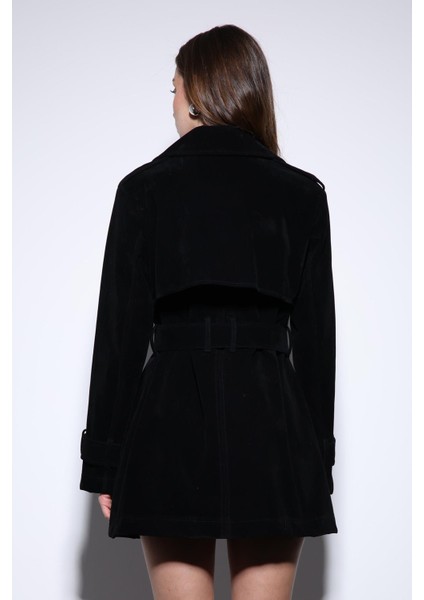 Siyah Süet Görünümlü Kadın Trençkot