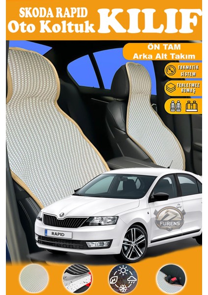 Skoda Rapid Uyumlu Bej Prestij Serisi Dokuma Kumaş Oto Koltuk Kılıfı Ön Tam Arka Alt